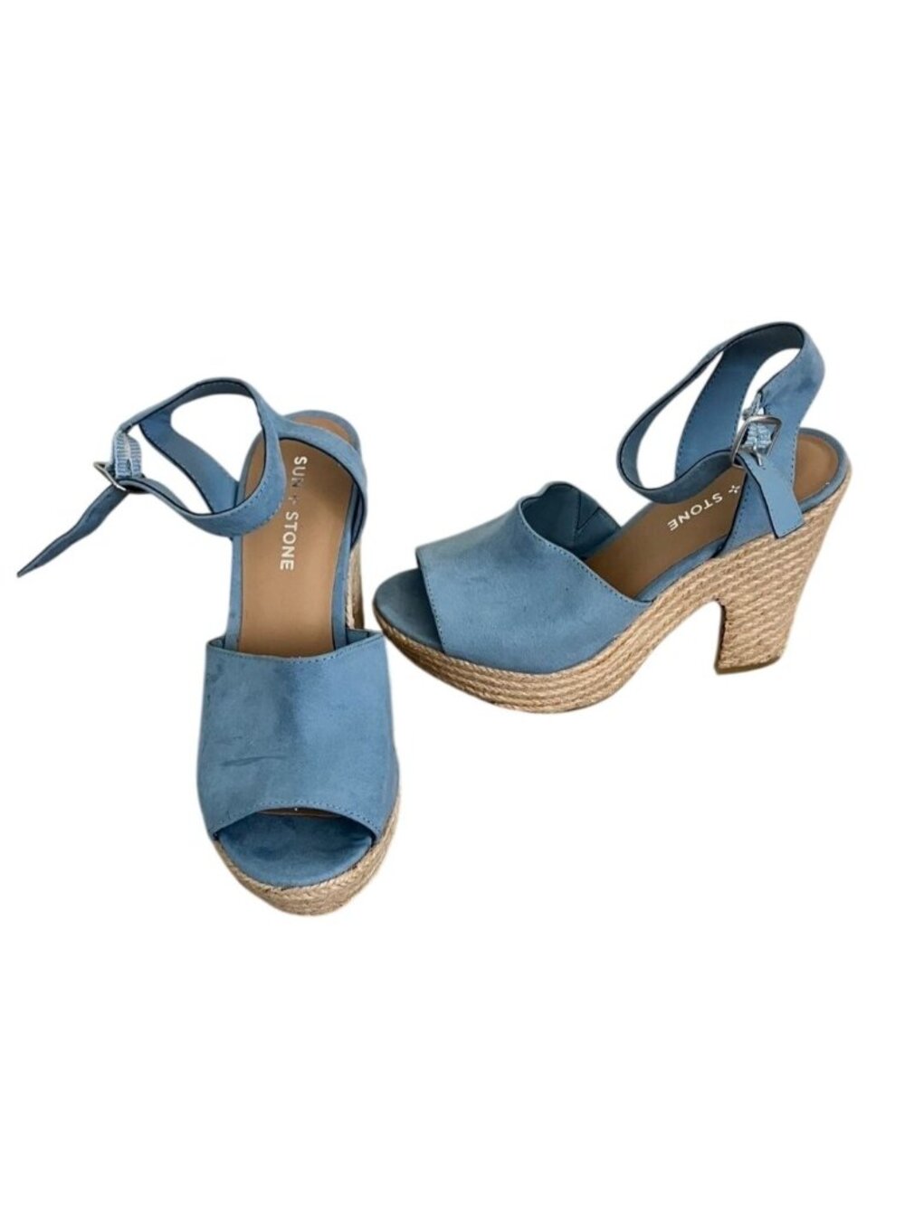 Sun + Stone Blue Suede Platform Espadrille Sandals With Ankle Strap Size 7.5
